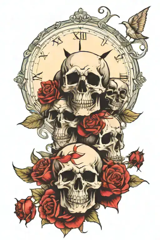 clocks, skulls and roses intertwined tattoo design idea