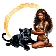 female warrior with long brown curly hair, brown skin and blue eyes petting a black panther like it is her spirit guide tattoo design idea