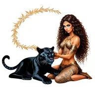 female warrior with long brown curly hair, brown skin and blue eyes petting a black panther like it is her spirit guide tattoo design idea