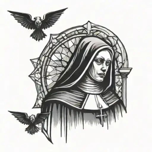 nun possessed by demon against stained glass window of church tattoo design idea