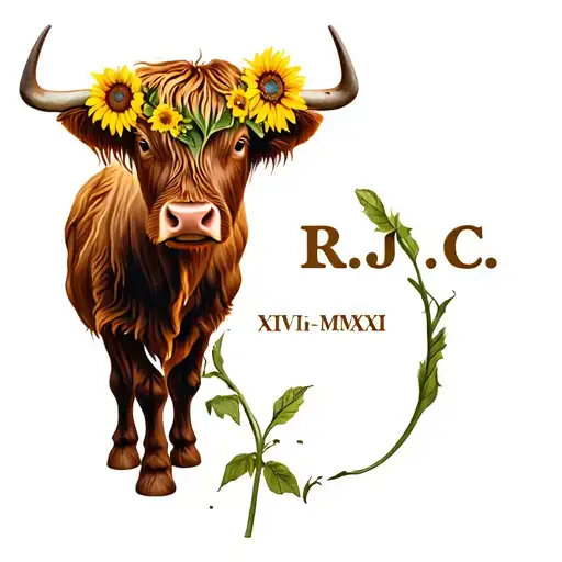 "R.J.C VII-XVII-MMXIX " highland cow with sunflowers tattoo design idea
