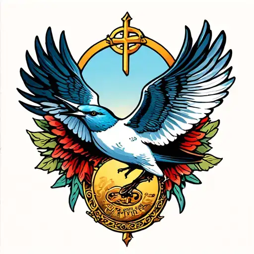 saint Christopher medallion and a swallow with spread wings tattoo design idea