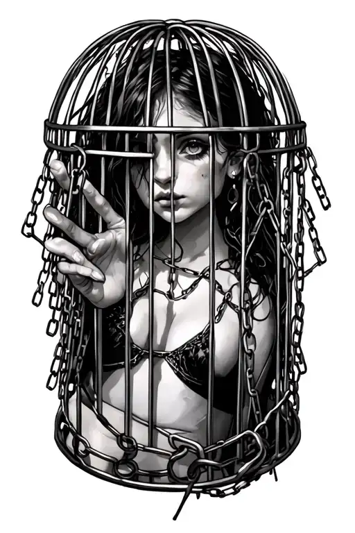 girl in a cage with chains breaking free from abuse turning into from a girl into a beautiful stronger powerfull lady wi tattoo design idea