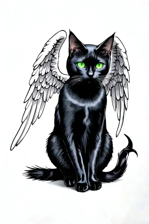 rear view of black cat with angel wings and a devils tail. looking back with green eyes tattoo design idea