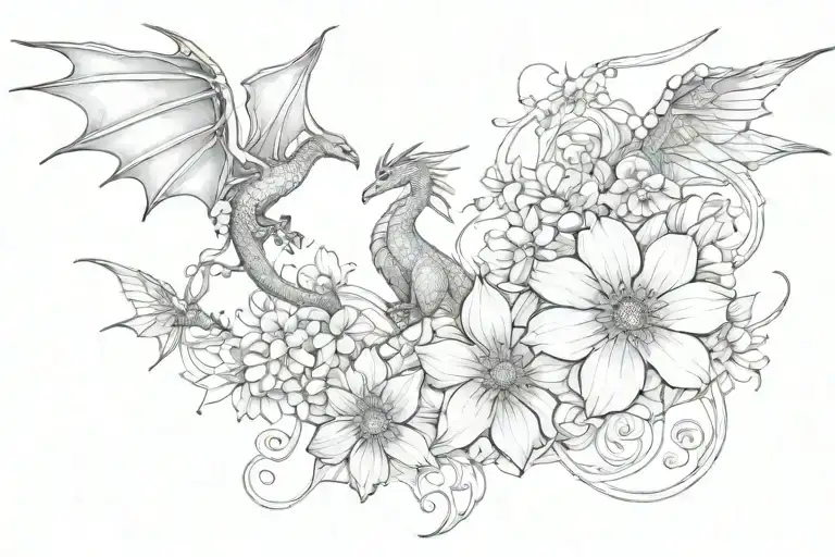 flowers and lines intertwined collarbone tattoo with two small flying dragons around tattoo design idea