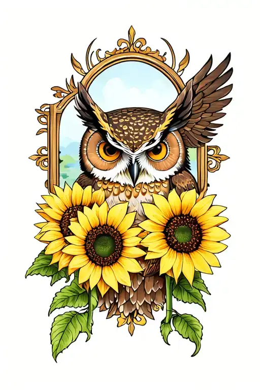 Sideways owl and sunflowers on a mirror tattoo design idea
