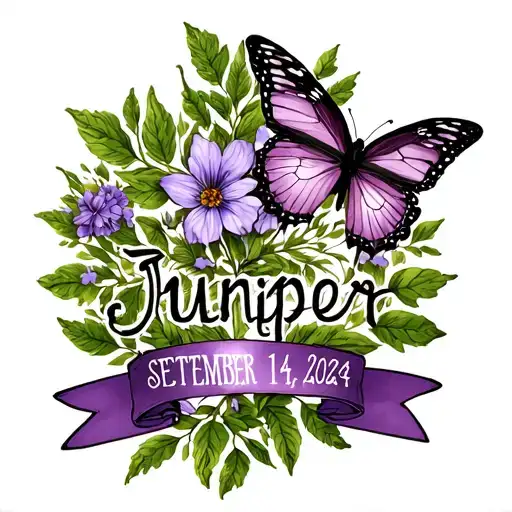 juniper name with butterflies and a purple ribbon and has the date November 14 2018 and September 18 2024 tattoo design idea