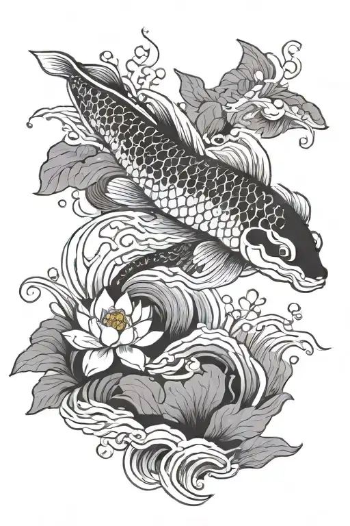 clean lines, waves, and nature. Include lotus cherry blossoms mountains koi fish tattoo design idea