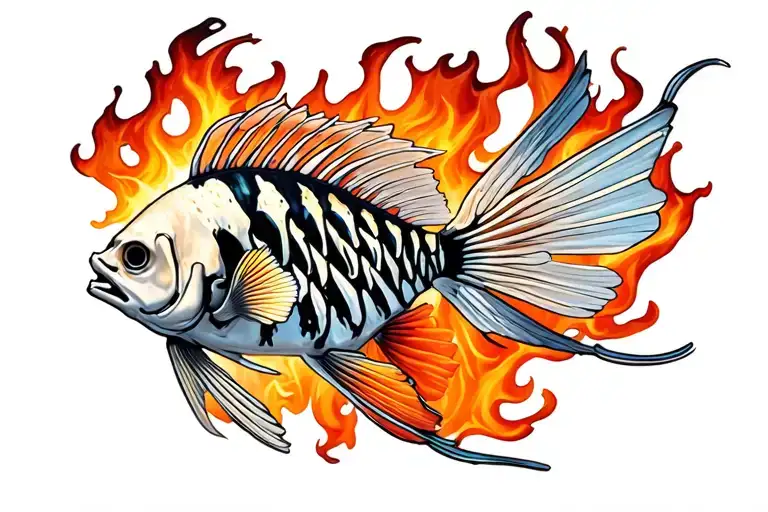 angelfish skeleton with name Blaise in the ribs surrounded by realistic fire tattoo design idea