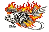 angelfish skeleton with name Blaise in the ribs surrounded by realistic fire tattoo design idea