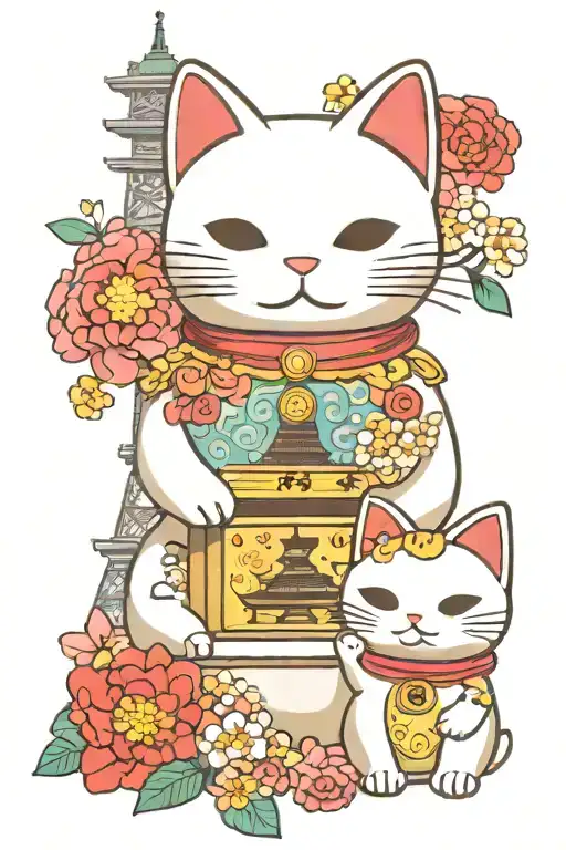 maneki neko with tokyo tower surrounded by flowers and it also has a claw machine. there is also a omotesando metro sign tattoo design idea
