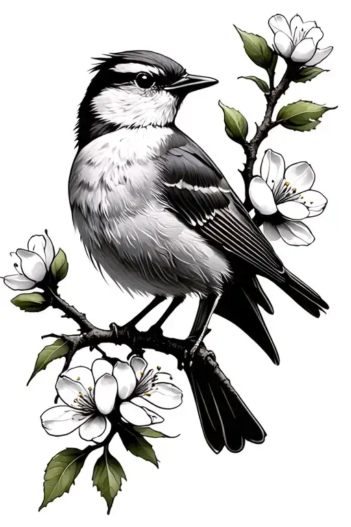 shrike bird on a hawthorn tree branch with white flowers tattoo design idea