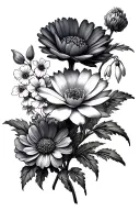 marigold, cosmos, violet, primrose, carnation, waterlily, larkspur, snowdrop tattoo design idea
