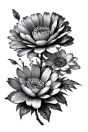 marigold, cosmos, violet, primrose, carnation, waterlily, larkspur, snowdrop tattoo design idea