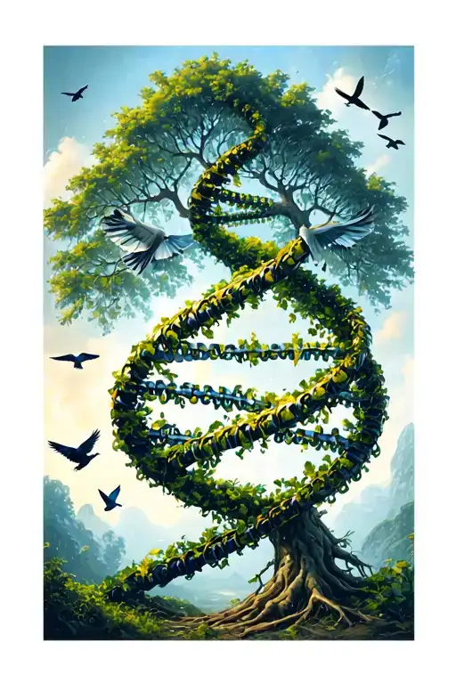 DNA chain + tree that persists its leaves and birds that fly away tattoo design idea