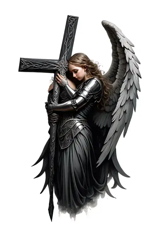 gothic angel with armor hugging a cross tattoo tattoo design idea
