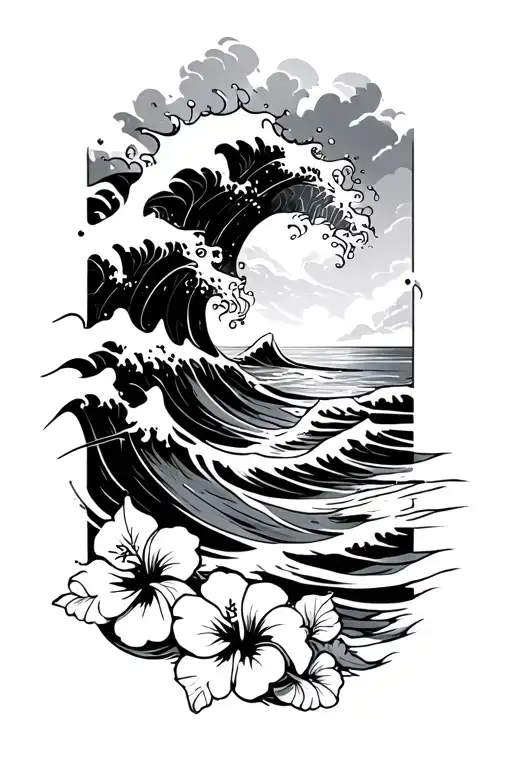 ocean waves crashing on beach with hibiscus flowers on the bottom tattoo design idea