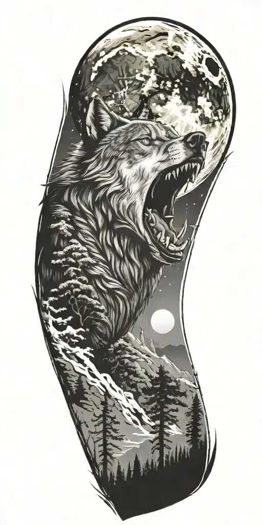 nature, wolf howling at the moon, skull tattoo design idea