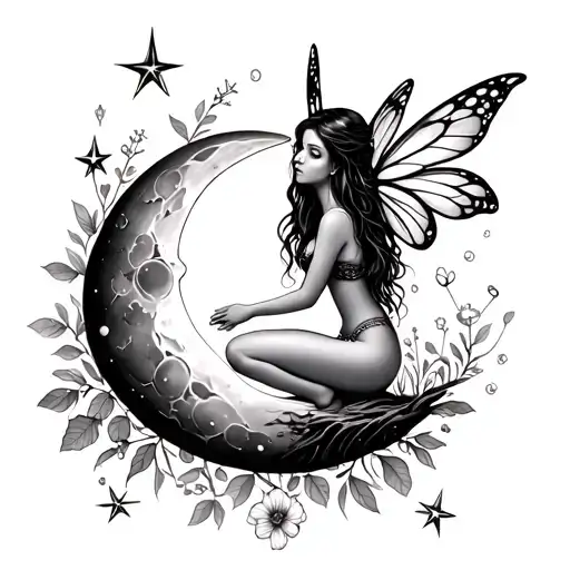 a crecent moon, a fairy sitting on the edge , tiny stars , a garden of flowers,  tattoo design idea