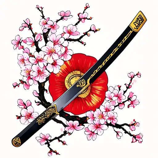 a kill bill hattori hanzo sword surrounded by cherry blossoms tattoo design idea