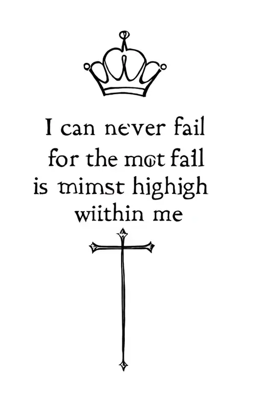 a small Christian Cross with crown and with the words written "I can never fail for the most high is within me" tattoo design idea