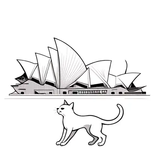A minimalist silhouette of a cat dancing in front of the Sydney Opera House tattoo design idea