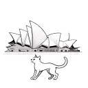 A minimalist silhouette of a cat dancing in front of the Sydney Opera House tattoo design idea
