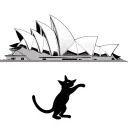 A minimalist silhouette of a cat dancing in front of the Sydney Opera House tattoo design idea
