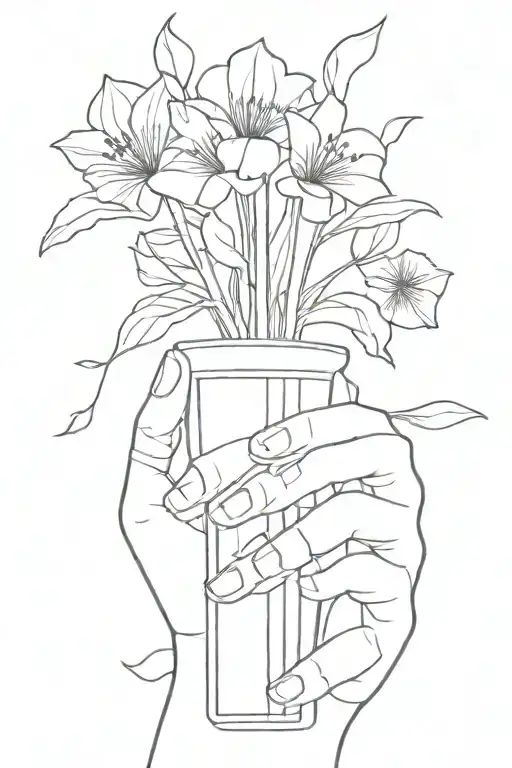 There is a vase on the hand and a minimalist fan on the forearm now. Draw some idea for them to connect them. tattoo design idea