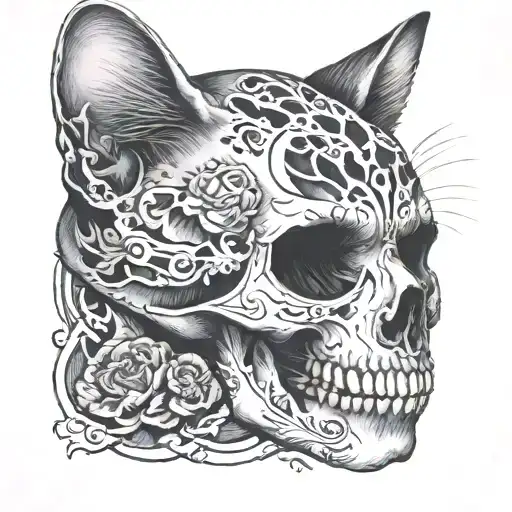 cat and dead cat half face skull tattoo design idea