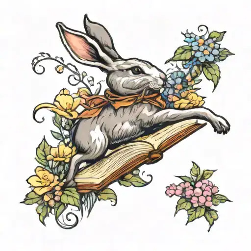 rabbit leaping from a book surrounded by wild flowers tattoo design idea