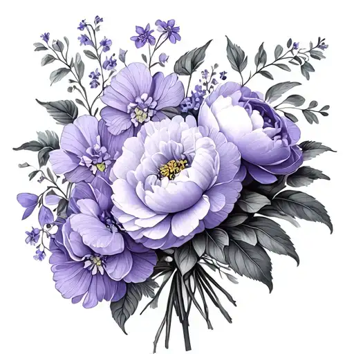 bouquet with lilac peonies forget me nots and bleeding hearts flowers tattoo design idea
