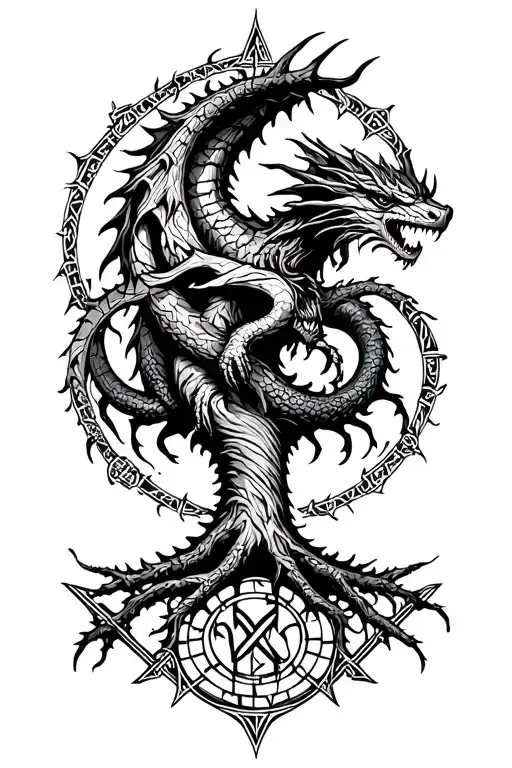 nordic tree of life with a nordic dragon wrapped around and runes surrounding it tattoo design idea