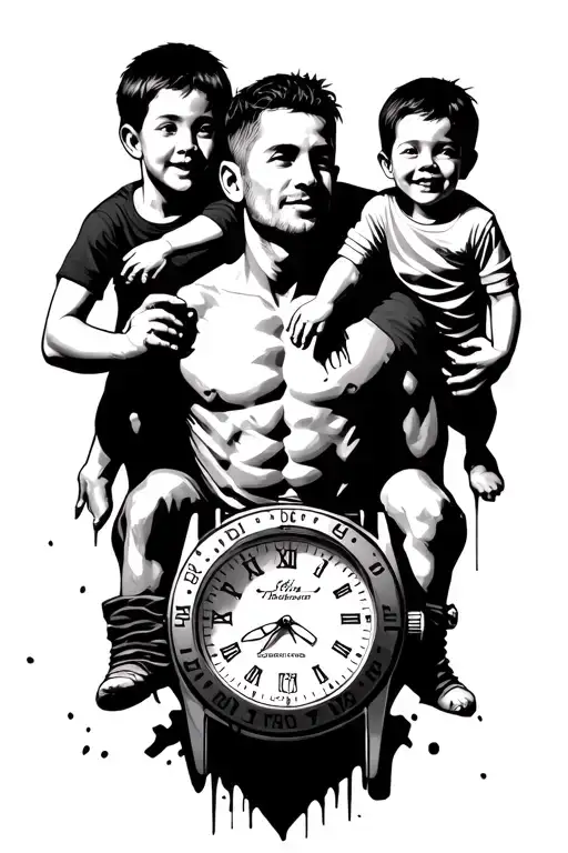 man with a child on his shoulders and one for his hand all from his shoulders, who go to a broken watch that marks 3 tattoo design idea