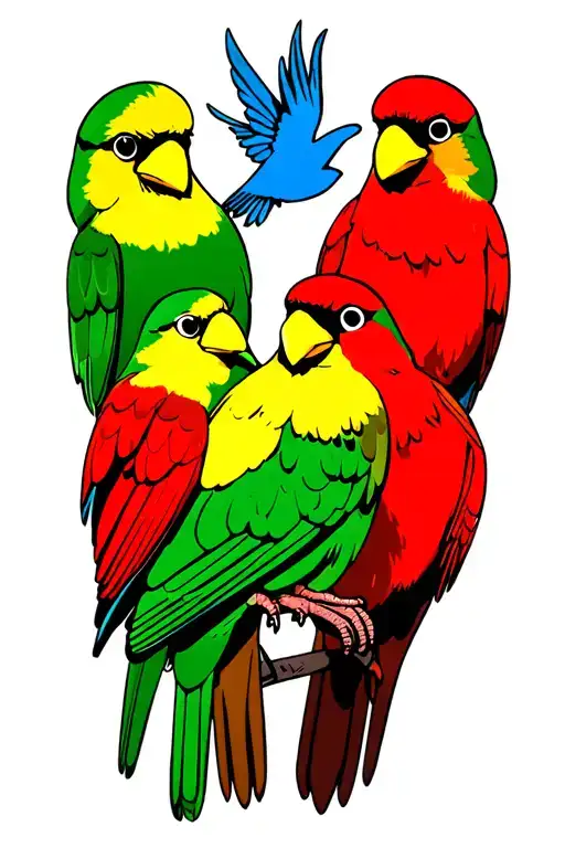 3 Little Birds in green, yellow and red with a blue bird flying overhead  tattoo design idea