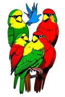 3 Little Birds in green, yellow and red with a blue bird flying overhead  tattoo design idea