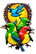 3 Little Birds in green, yellow and red with a blue bird flying overhead  tattoo design idea