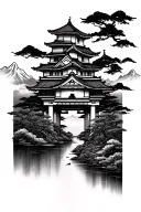 Tori gates with a Japanese castle overlooking mountains tattoo design idea