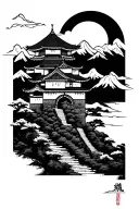 Tori gates with a Japanese castle overlooking mountains tattoo design idea