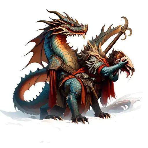 realistic Viking dragon holding a dead Viking warrior tattoo design idea