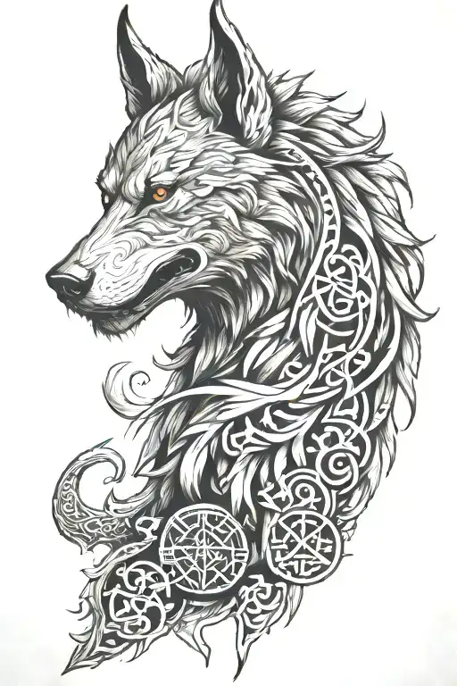 fenrir , glowing viking runes, not allot of black, fur,skulls tattoo design idea