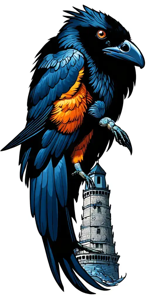 Full sleeve arm tattoo that has a Raven, Oriole bird, Terrapin Turtle, Bromo Seltzer Arts Tower, blue crab and maryland  tattoo design idea