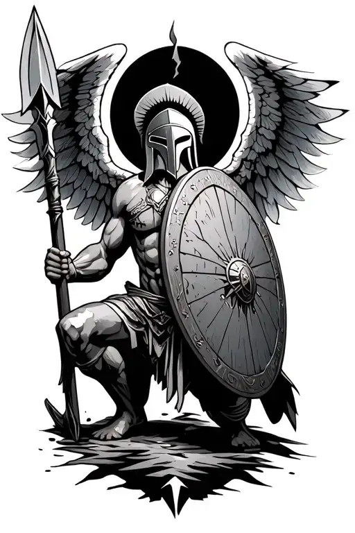 a Spartan on his knees holding a spear with a broken shield and wings tattoo design idea
