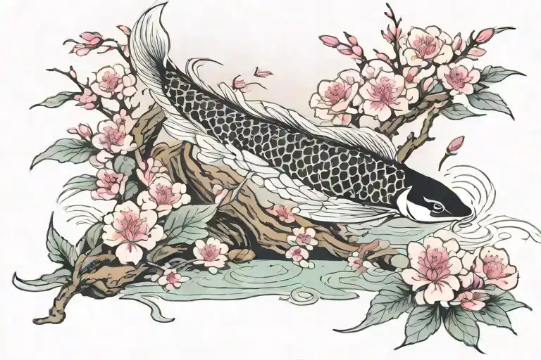 A Japanese scene with black Koi fish swimming in a pond with a Japanese cherry blossom tree with a peacock sitting in it tattoo design idea