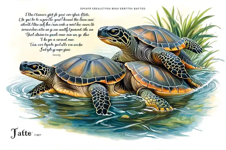serenity prayer with turtles swimming together tattoo design idea