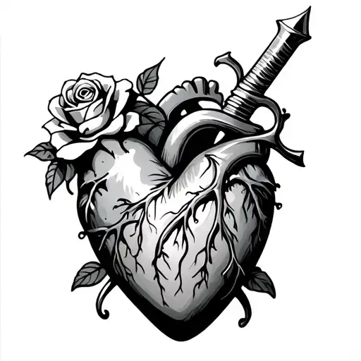 heart with dagger and rose going thru either side diagonally, simple tattoo design idea