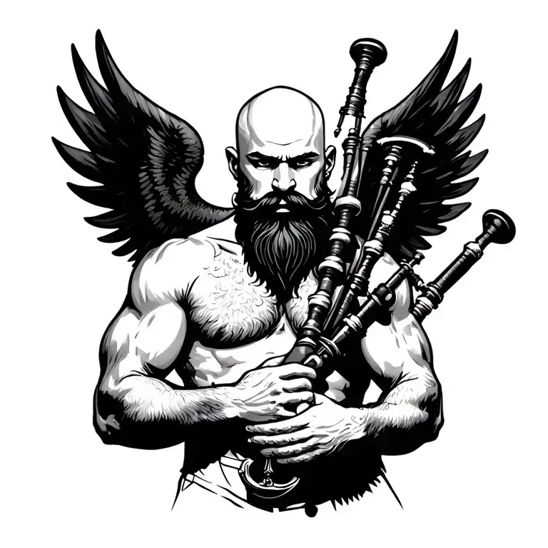 scottish bagpiper bald black beard  muscular wearing pipes in arm big black wings shirtless tattoo calm eyes calm face tattoo design idea