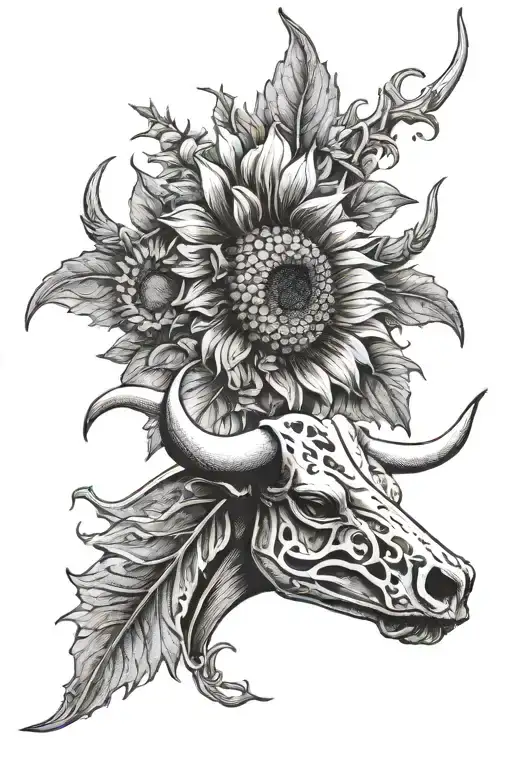 tooled leather, sunflowers, longhorn steer skull tattoo design idea