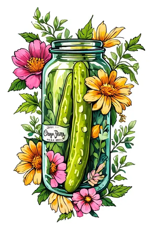 pickle jar and flowers surrounding tattoo design idea