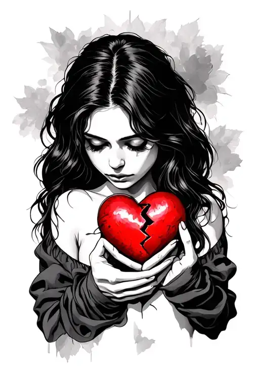 sad woman holding a broken heart symbolizing love tattoo design idea